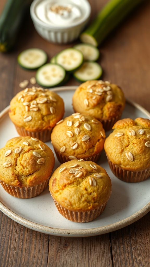 Freshly baked zucchini yogurt muffins on a plate with zucchini slices and yogurt in the background.